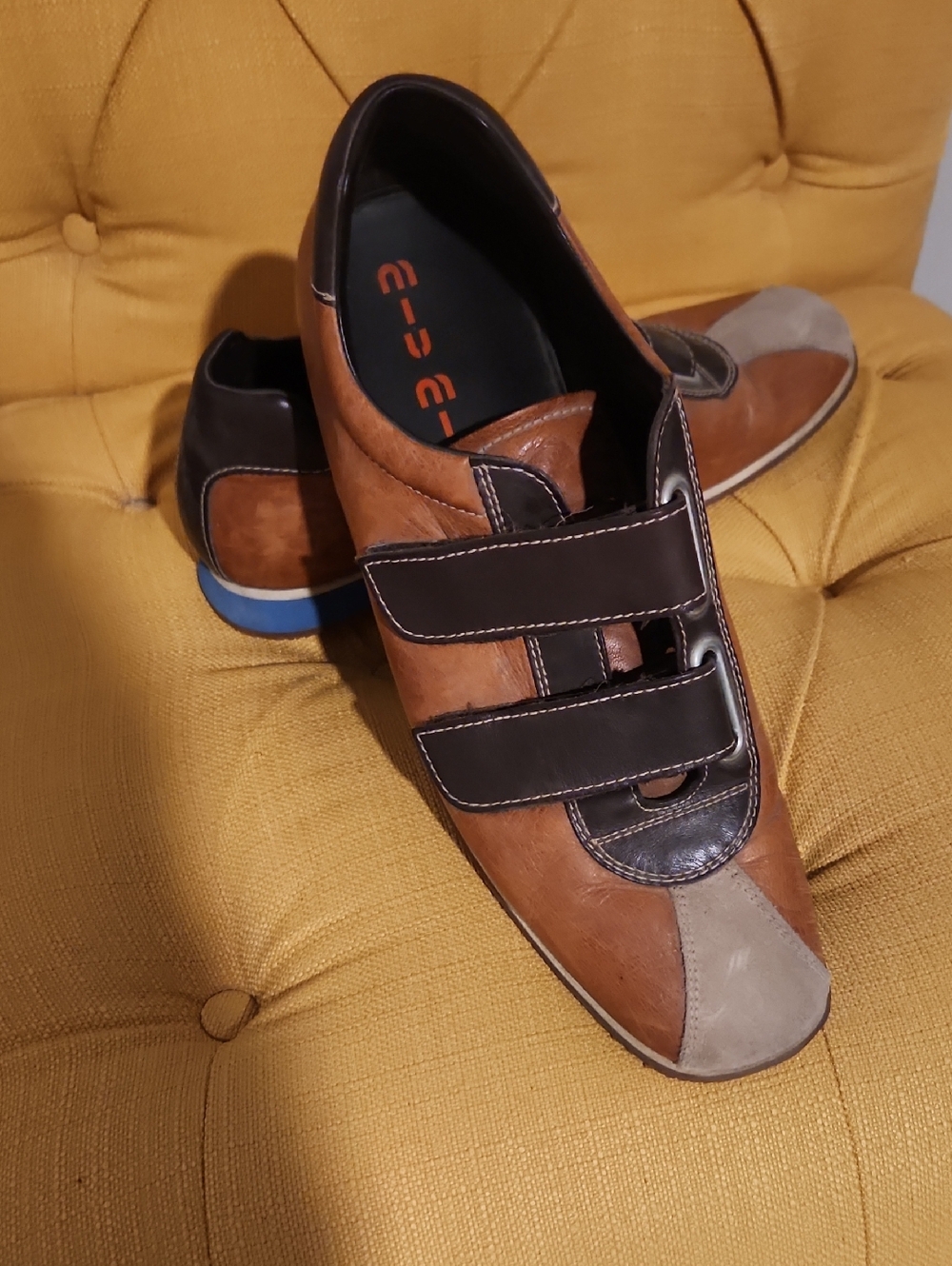 Miu Miu Brown, Black & Gray Leather Velcro Slip-On Loafers